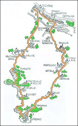 Itinerario via Riccione - Montefiore - Urbino - Tavullia - Riccione